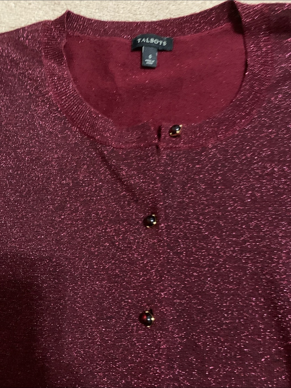 Talbots Burgundy Metallic-Thread Button Cardigan - Picture 3 of 3